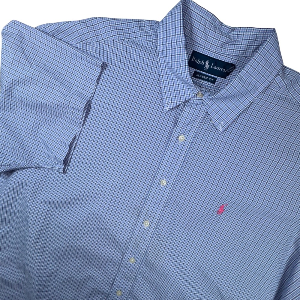 Ralph Lauren Button Down Mens XXL Blue Plaid Classic Fit Short Sleeve Pony Logo